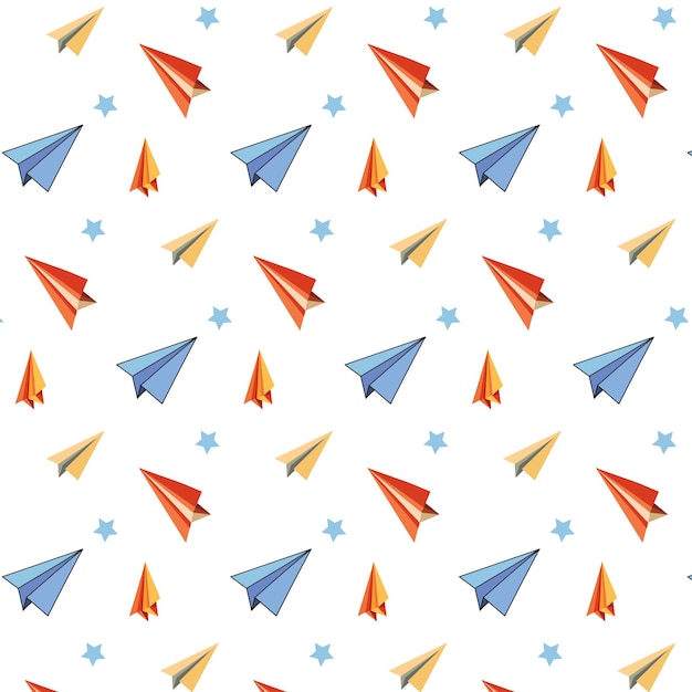Patrón vectorial sin costuras con aviones de papel y estrellas tema infantil