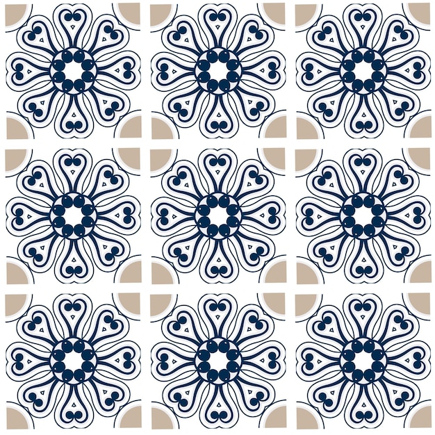 Patrón vectorial sin costuras con azulejos florales de cerámica en estilo vintage