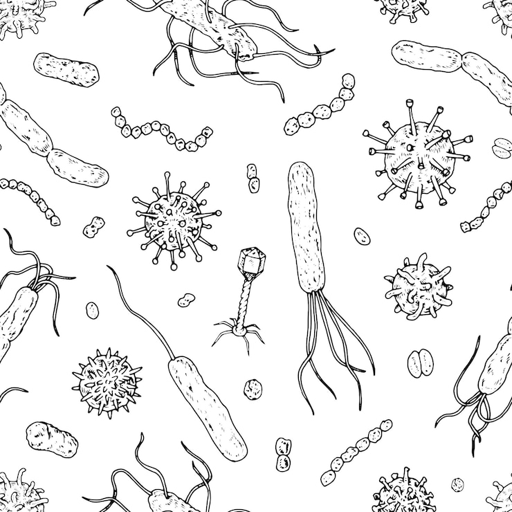 Vector patrón vectorial sin costuras con bacterias y virus de bacilos dibujados a mano en blanco y negro para