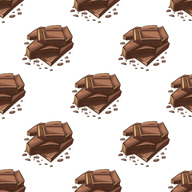 Patrón vectorial sin costuras con barras de chocolate vintage dibujadas a mano con migas de cacao