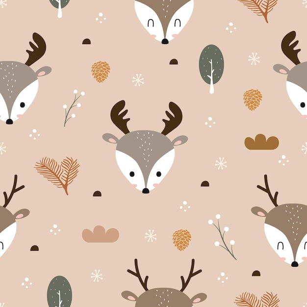 Patrón vectorial sin costuras con cabezas de ciervos lindos bosque y copos de nieve para impresión de papel pintado textil