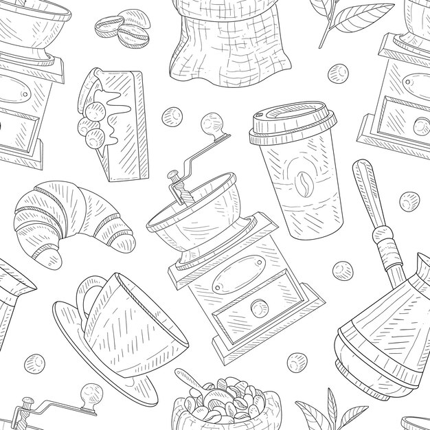 Patrón vectorial sin costuras de café dibujado a mano con molinillo de café y postre
