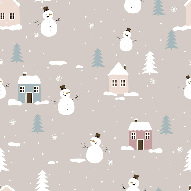 Patrón vectorial sin costuras con una casa de madera nevada, un muñeco de nieve y un árbol, un paisaje de bosque de invierno dibujado a mano.