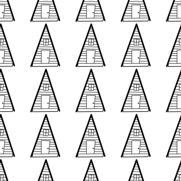 Patrón vectorial sin costuras de casas de contorno en estilo garabato sobre un fondo blanco