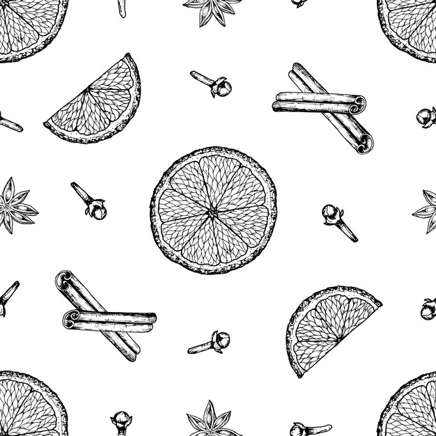 Patrón vectorial sin costuras de cítricos dibujados a mano rebanadas de naranja canela palos de clavo de olor y anís estrella