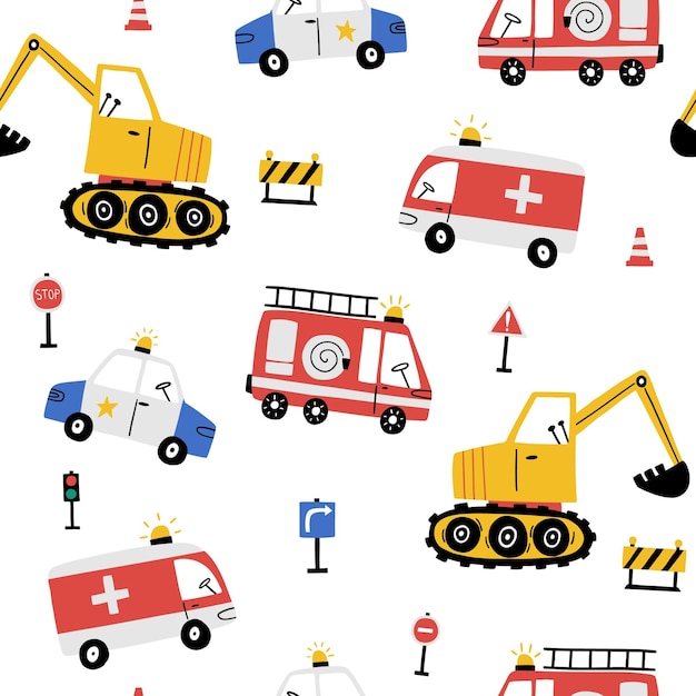 Patrón vectorial sin costuras con coches lindos ambulancia de policía camión de bomberos excavadora