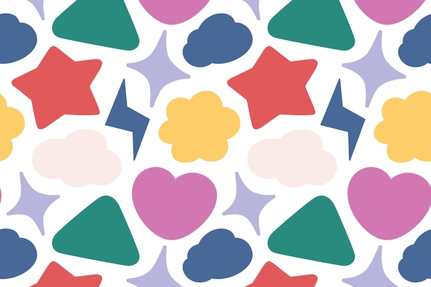 Patrón vectorial sin costuras con coloridas formas abstractas estrellas corazones nubes flores y triángulos