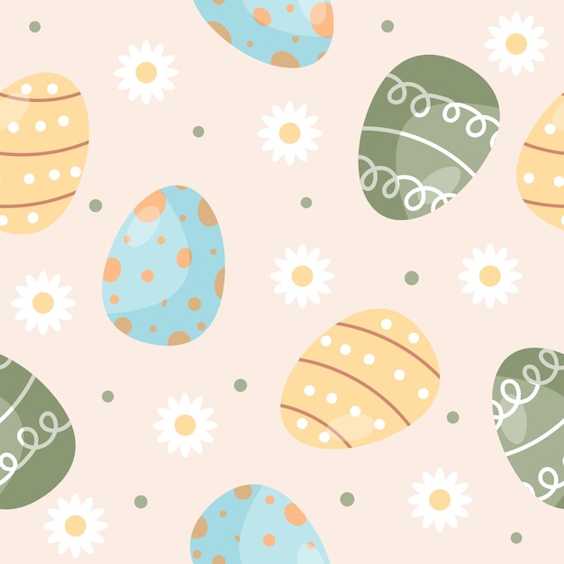 Un patrón vectorial sin costuras con coloridos huevos de Pascua y flores Ideal para textiles festivos