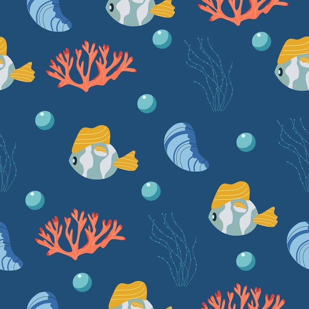 Un patrón vectorial sin costuras con coloridos peces, corales, conchas y algas marinas