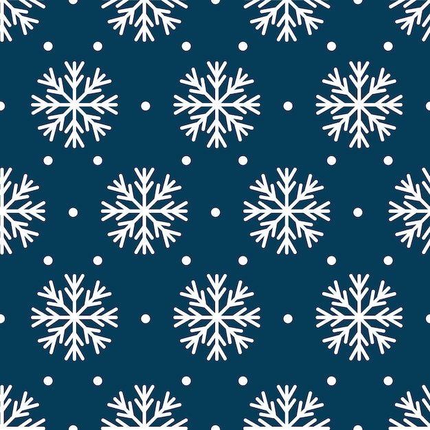 Patrón vectorial sin costuras con copos de nieve blancos sobre un fondo azul oscuro
