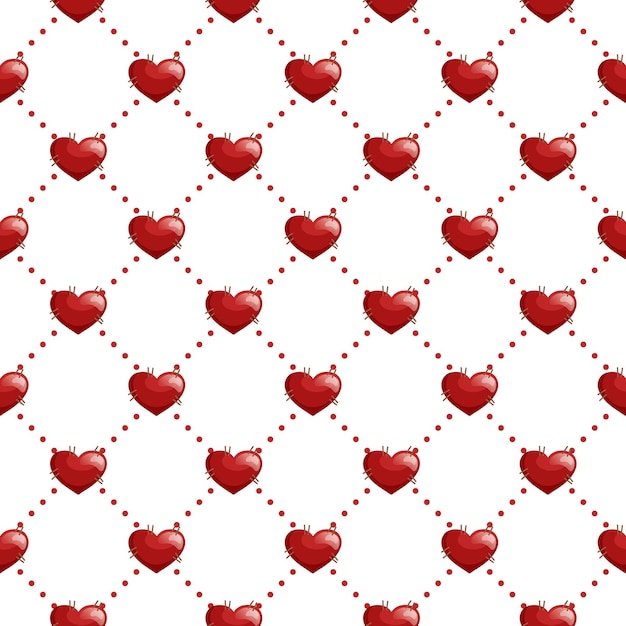 Patrón vectorial sin costuras con corazones Textura repetitiva roja geométrica de rombos punteados con corazones en nodos