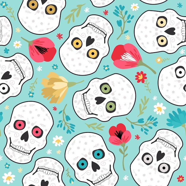 Patrón vectorial sin costuras de cráneos huesos y flores Día de los Muertos