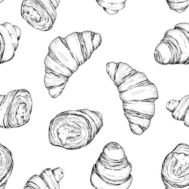 Patrón vectorial sin costuras de croissants dibujados a mano enteros y cortados ilustración detallada en estilo boceto