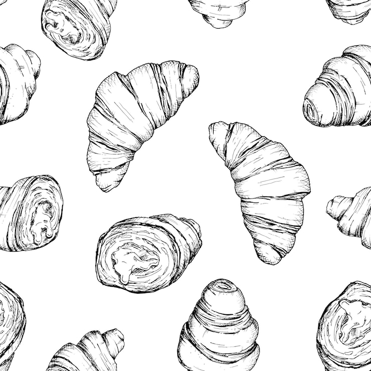 Vector patrón vectorial sin costuras de croissants dibujados a mano enteros y cortados ilustración detallada en estilo boceto