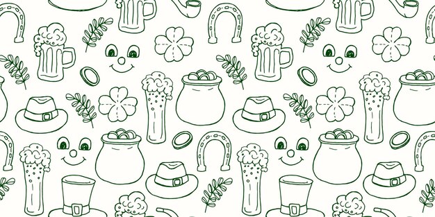 Patrón vectorial sin costuras para el Día de San Patricio Fondo beige con ilustraciones de garabateo verde de hojas de trébol de oro de cerveza y gnomos divertidos