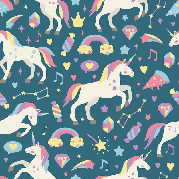 Patrón vectorial sin costuras dibujado a mano con simpáticos unicornios estrellas corazones diamantes Perfecto para papel tapiz de tela papel de envoltura o decoración de guardería