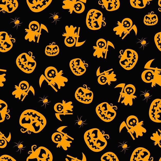 Patrón vectorial sin costuras para el diseño de Halloween Símbolos de Halloween calabaza araña muerte