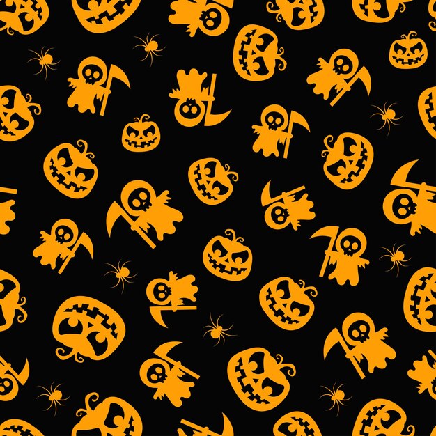 Patrón vectorial sin costuras para el diseño de halloween símbolos de halloween calabaza araña muerte