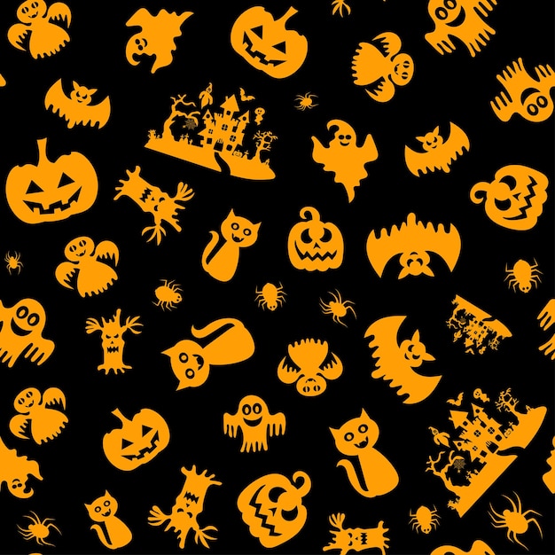 Patrón vectorial sin costuras para el diseño de Halloween Símbolos de Halloween calabaza araña muerte