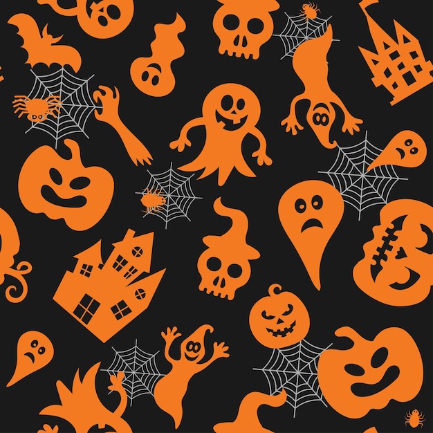 Patrón vectorial sin costuras para el diseño de Halloween Símbolos de Halloween calabaza murciélago fantasma en estilo de dibujos animados