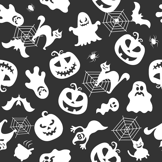 Patrón vectorial sin costuras para el diseño de Halloween Símbolos de Halloween calabaza murciélago fantasma en estilo de dibujos animados