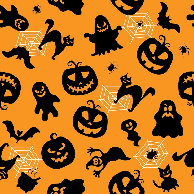 Patrón vectorial sin costuras para el diseño de halloween símbolos de halloween fantasma murciélago calabaza en estilo de dibujos animados