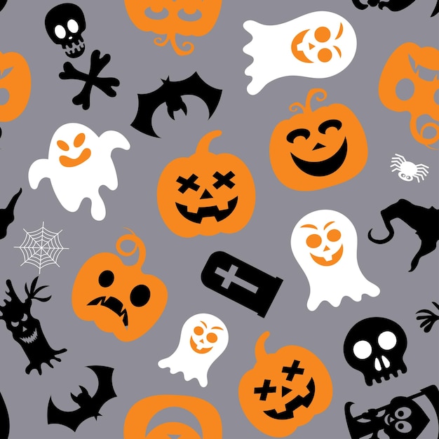 Patrón vectorial sin costuras para el diseño de Halloween Símbolos de Halloween fantasma murciélago calabaza en estilo de dibujos animados