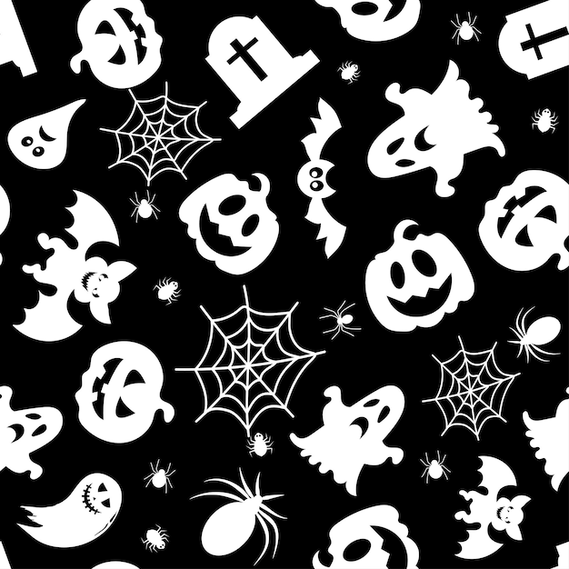 Patrón vectorial sin costuras para el diseño de Halloween Símbolos de Halloween fantasma murciélago calabaza en estilo de dibujos animados