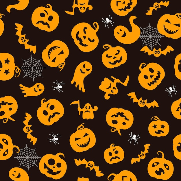 Patrón vectorial sin costuras para el diseño de Halloween Símbolos de Halloween fantasma murciélago calabaza