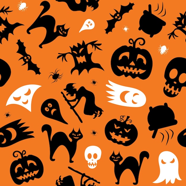 Patrón vectorial sin costuras para el diseño de Halloween Símbolos de Halloween fantasma murciélago calabaza