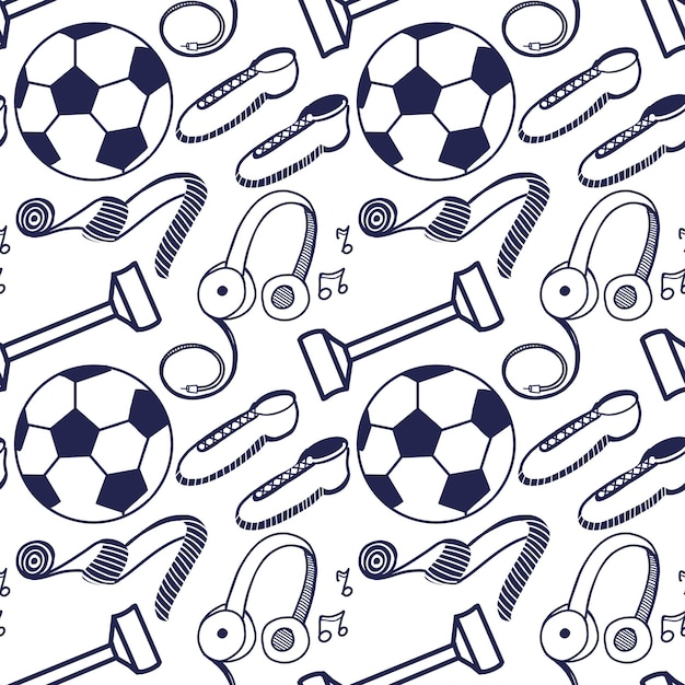 Patrón vectorial sin costuras en un fondo blanco Equipamiento deportivo bolas pesas auriculares