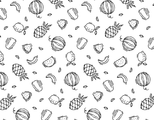 Patrón vectorial sin costuras de frutas exóticas en un fondo blanco Conjunto de frutas Doodle para textiles de papel