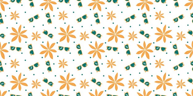 Patrón vectorial sin costuras con gafas de sol retro y flores tropicales Ideales para estaciones de verano