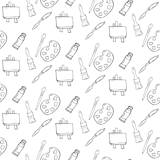 Patrón vectorial sin costuras con garabates de paletas de dibujo, pinceles y pinturas sobre un fondo blanco