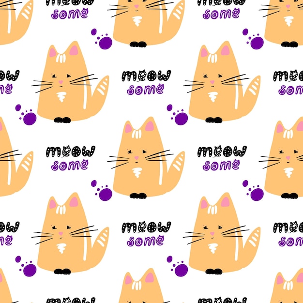 Patrón vectorial sin costuras de gatito dulce Gato sentado con letras dibujadas a mano Meosome Ilustración textil linda