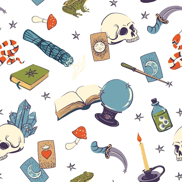 Patrón vectorial sin costuras para Halloween varios artículos para la brujería, la adivinación y el ocultismo