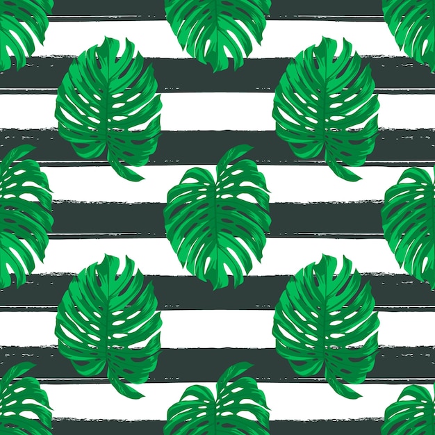 Patrón vectorial sin costuras con hojas tropicales sobre fondo blanco y negro rayado Ilustración tropical repetida África Savannh Verano exótico Monstera Patrón Concepto de bosque tropical