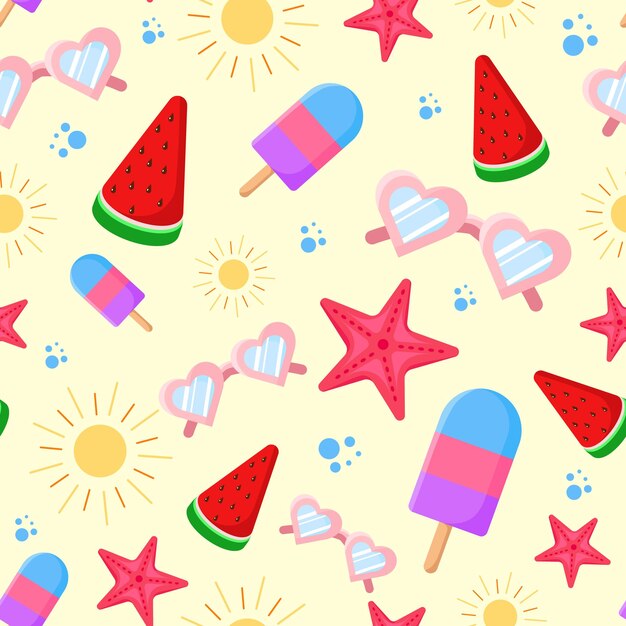Patrón vectorial sin costuras de imágenes de verano helado sandía vasos sol