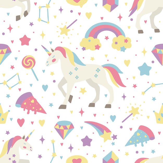 Patrón vectorial sin costuras con lindos unicornios sobre un fondo floral Ideal para papeles pintados o estampados textiles