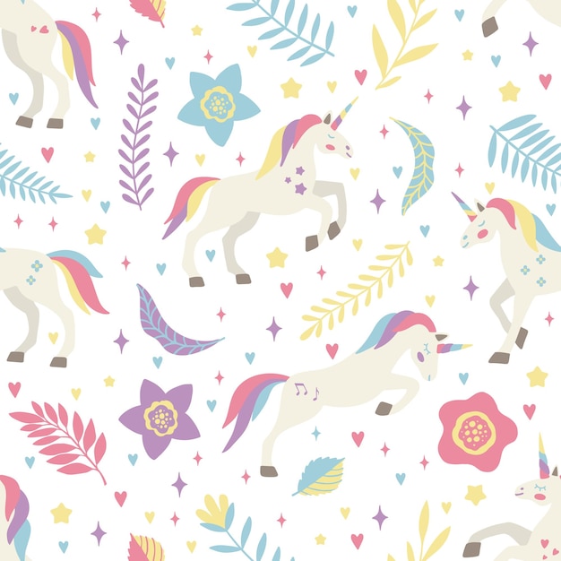 Patrón vectorial sin costuras con lindos unicornios sobre un fondo floral Ideal para papeles pintados o estampados textiles
