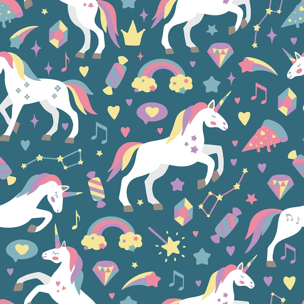 Patrón vectorial sin costuras con lindos unicornios sobre un fondo floral Ideal para papeles pintados o estampados textiles