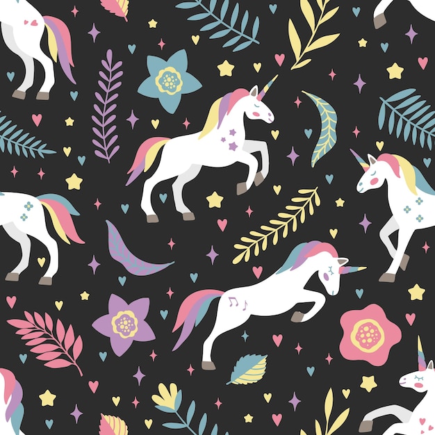Patrón vectorial sin costuras con lindos unicornios sobre un fondo floral Ideal para papeles pintados o estampados textiles