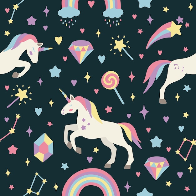 Patrón vectorial sin costuras con lindos unicornios sobre un fondo floral Ideal para papeles pintados o estampados textiles
