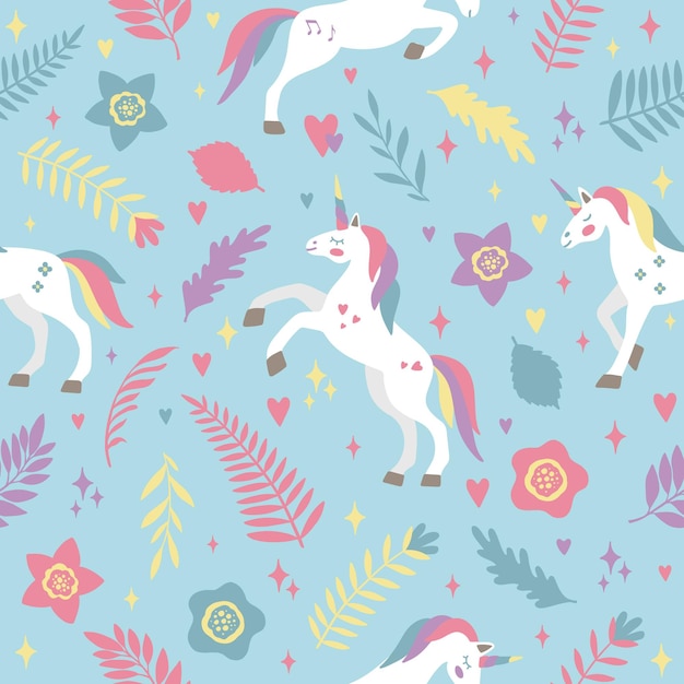 Patrón vectorial sin costuras con lindos unicornios sobre un fondo floral Ideal para papeles pintados o estampados textiles