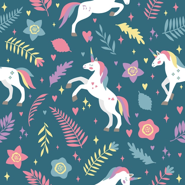 Patrón vectorial sin costuras con lindos unicornios sobre un fondo floral Ideal para papeles pintados o estampados textiles