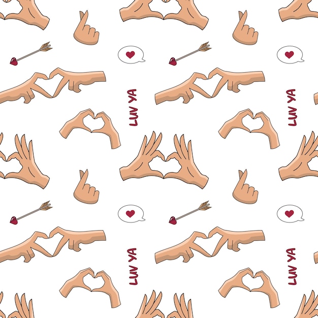 Patrón vectorial sin costuras con las manos haciendo una forma de corazón Patrón de amor con las manos.
