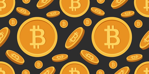 Patrón vectorial sin costuras con monedas de Bitcoin en fondo negro