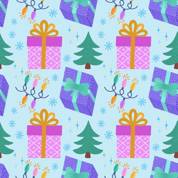 Patrón vectorial sin costuras para Navidad con cajas de regalos y árboles de Navidad Diseño dibujado a mano