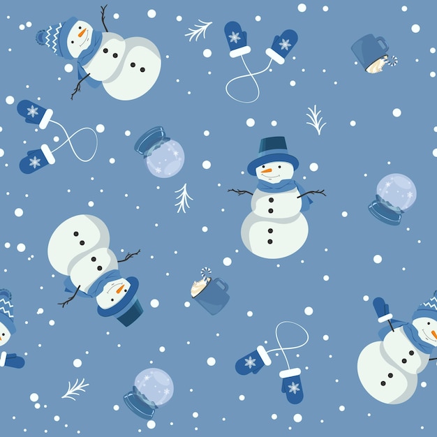 Patrón vectorial sin costuras de Navidad Contiene una ilustración plana de muñeco de nieve sobre un fondo azul Ideal para envolver papel y papel tapiz