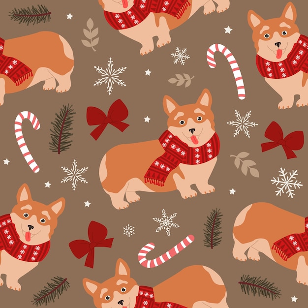 Patrón vectorial sin costuras de Navidad con elementos de perro corgi y navidad
